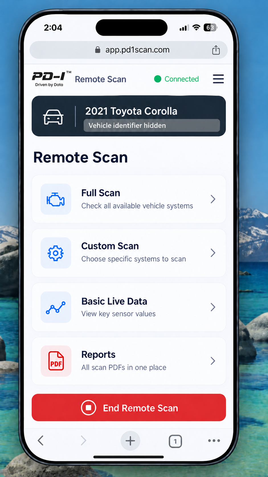 Supplied browser Remote Scan view with full scan, custom scan, basic live data and reports; vehicle identifier hidden