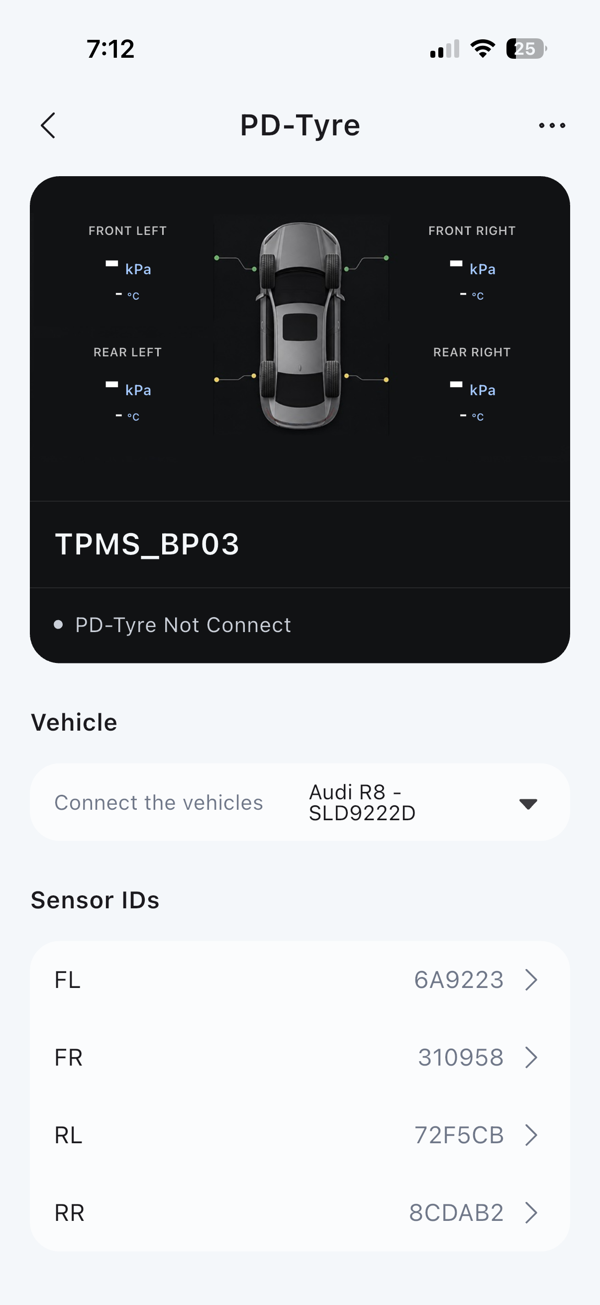 PD-Tyre device settings showing the Sensor IDs rows for FL, FR, RL and RR.