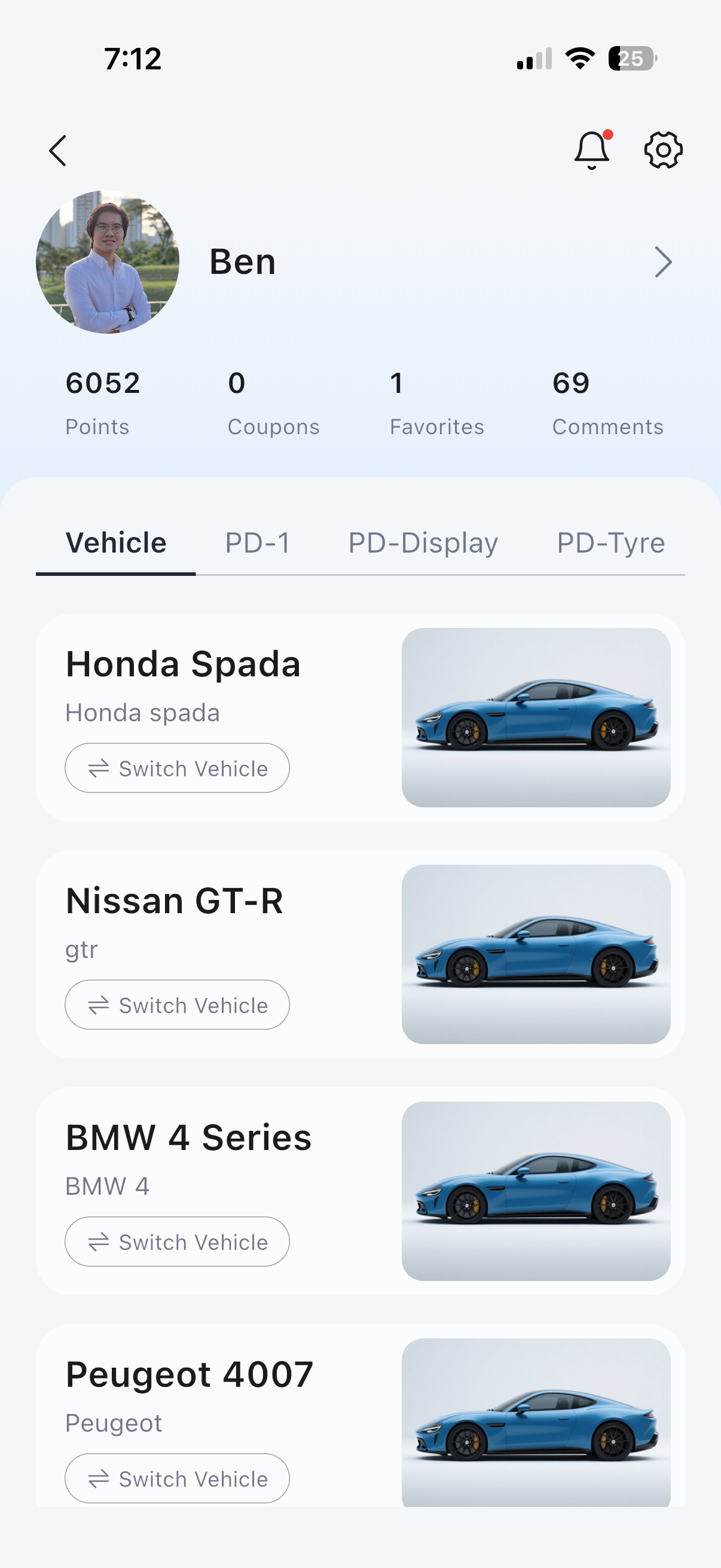 PD-1 profile page showing Vehicle, PD-1, PD-Display and PD-Tyre tabs.