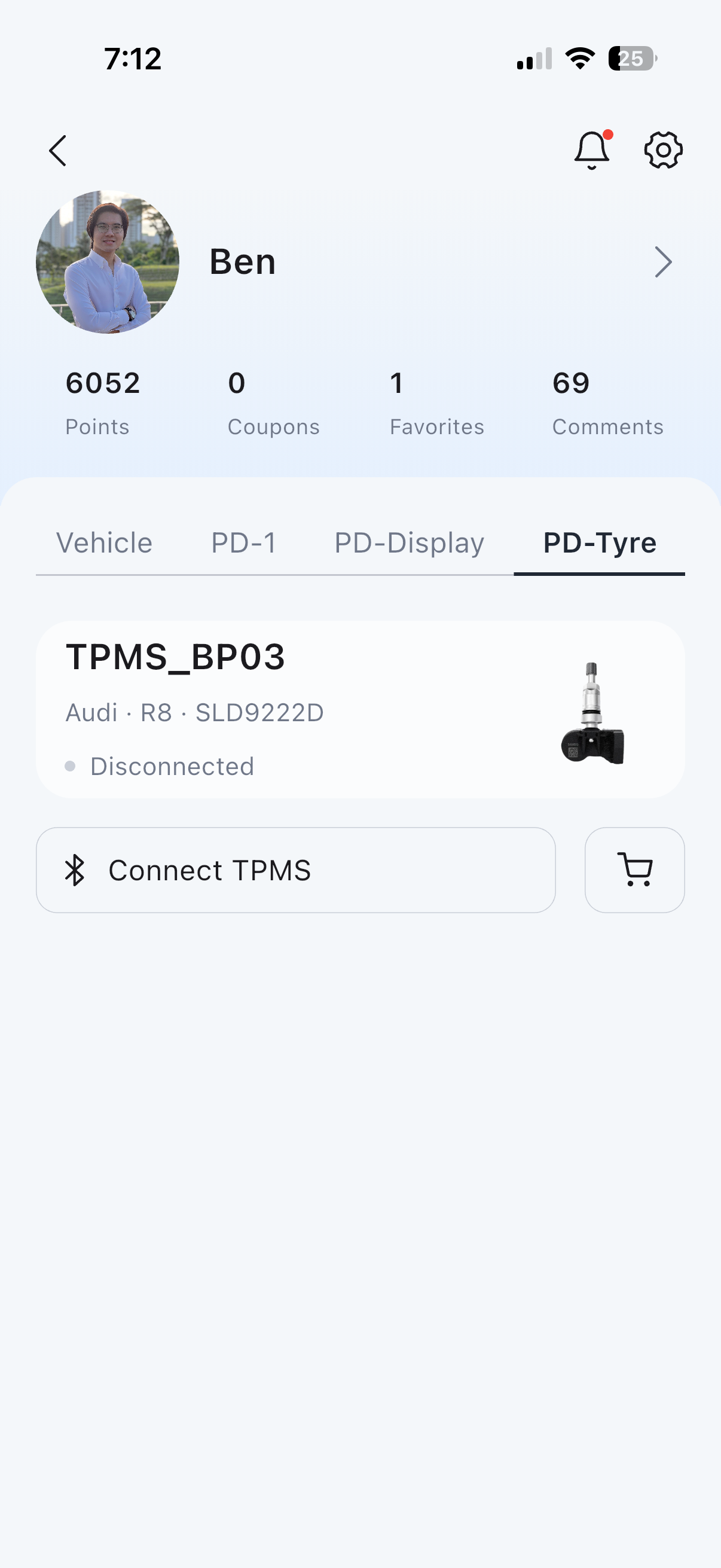 PD-Tyre tab with the Connect TPMS button below the example receiver card.